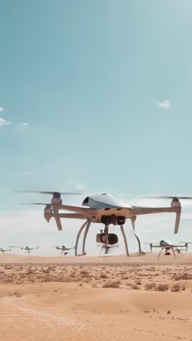 Vertical gimbal drone racing toward camera over desert, hovering and mapping terrain