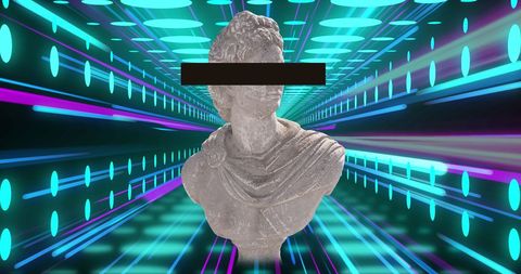 Ancient sculpture amidst neon light trails symbolizing digital era