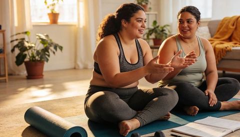 Friends practicing yoga and chatting on mats at home, post-workout journaling and stretching togethe