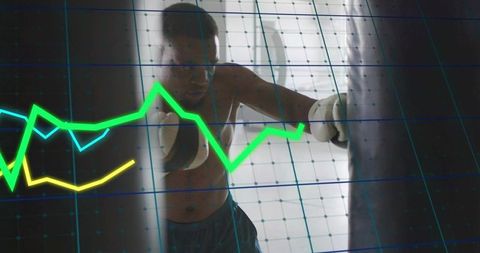 Boxer punching heavy bag with neon data overlay showing training analytics and motion