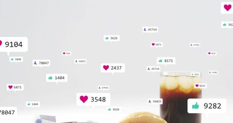 Featuring iced coffee, pastry and social media reaction tags on minimalist white background