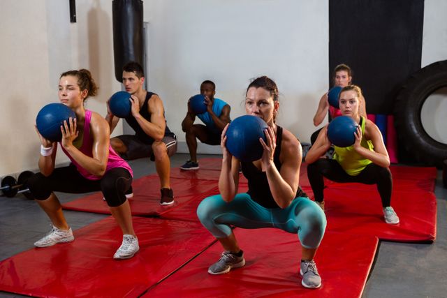 Young athletes crouching with exercise balls at fitness studio