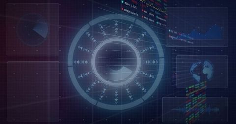Rotating circular hud interface with concentric rings and financial ticker, tech dashboard
