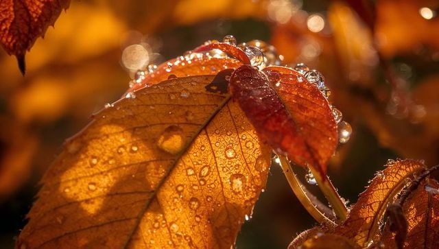 Glowing autumn leaves with dew drops highlighting veins and fine hairs