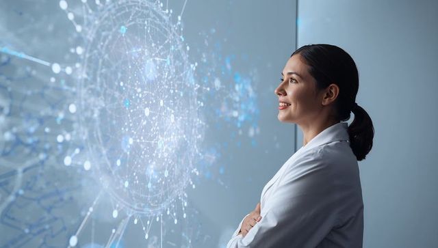 Female scientist analyzing holographic neural network projection on lab glass wall