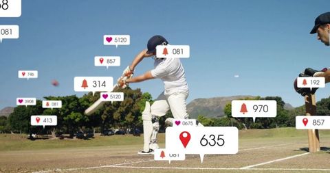 Cricketer in Swinging Action on Field with Social Media Icons Overlay