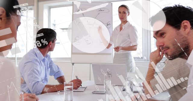Business professional presenting strategy to team in modern office setting, with charts and graphs overlaid. Ideal for content on business meetings, leadership, office teamwork, corporate training, and strategic planning visuals.