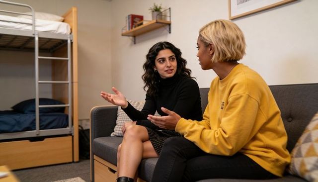 College roommates discussing plans on gray sofa in cozy dorm room with bunk bed