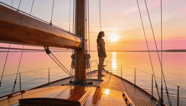 Woman standing on teak sailboat bow gazing at golden hour sunset over calm reflective water