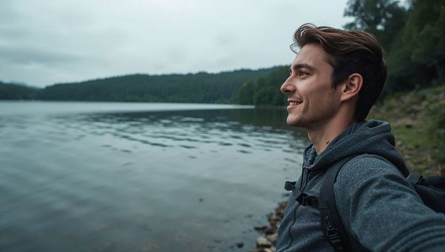 Smiling young hiker taking selfie at tranquil forest lake wearing gray hoodie and backpack