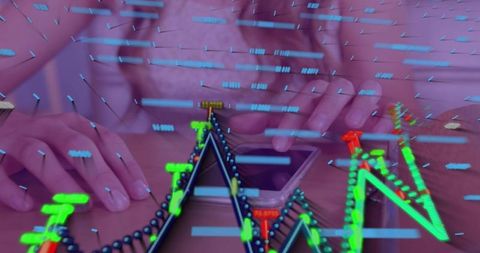 Tapping smartphone and swiping data with neon financial graphs overlay for fintech dashboard