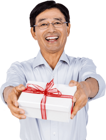cheerful male offering gift box with red ribbon on transparent background - Download Free Stock Videos Pikwizard.com