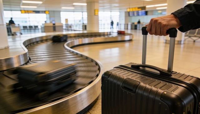 Traveler gripping carry-on handle at curved baggage carousel in modern airport terminal