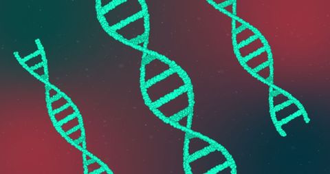 Glowing green dna strands on red gradient background