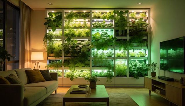 Vertical indoor garden glowing under led grow lights in modern living room