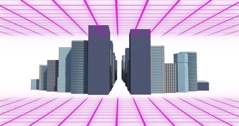 Futuristic Cityscape with Purple Grid Network