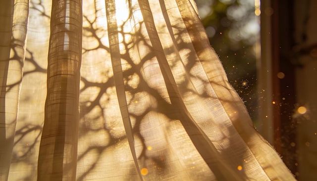 Sunlit sheer curtain casting branch shadows, dust motes and warm bokeh