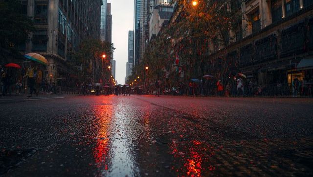 Pedestrians walking rainy downtown avenue with red-orange neon reflections on wet asphalt