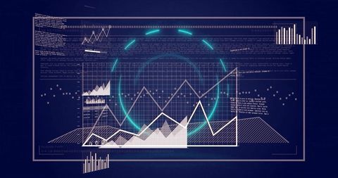 Futuristic data dashboard visualizing analytics with neon grid, line, area and bar charts