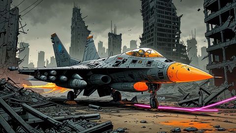 Futuristic f16 fighter jet in wrecked urban landscape with neon lights