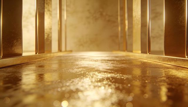 Glowing Golden Corridor with Reflective Wet Floor and Vertical Metal Columns