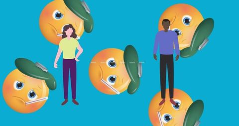 Whimsical illness emoji swirling over people covid concept