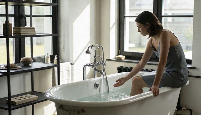 Woman sitting on freestanding tub edge letting water fill from chrome faucet in sunlit minimalist ba