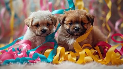Fluffy Puppies Playfully Weaving Through Colorful Ribbons