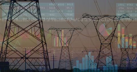 Financial Data Interface Overlapping Electricity Pylons at Dusk - Download Free Stock Images Pikwizard.com
