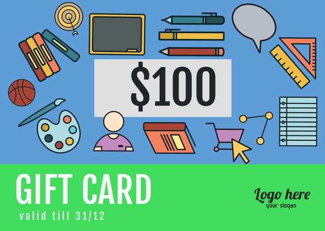 Colorful $100 Gift Card Template with Education and Hobby Symbols - Download Free Stock Templates Pikwizard.com