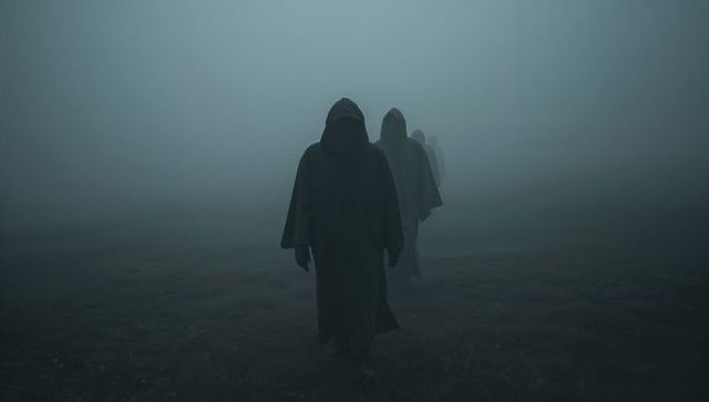 Hooded Figures Walking Through Thick Fog on Remote Moor, Mysterious Cloaked Procession