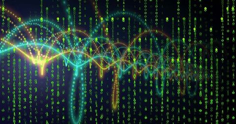 Neon Binary Data Stream with Glowing Sine Waveforms and Futuristic Cyber Visualization