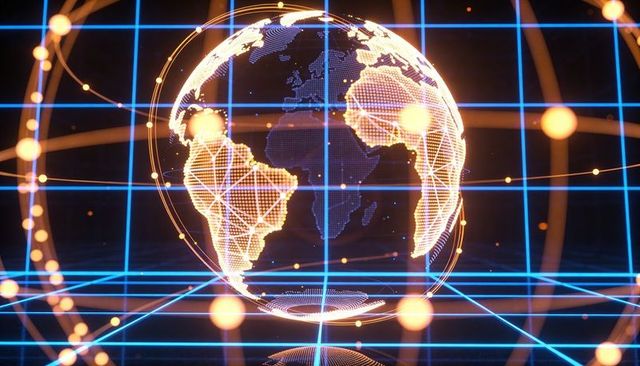Rotating digital globe showing amber mesh network over neon blue grid visualization