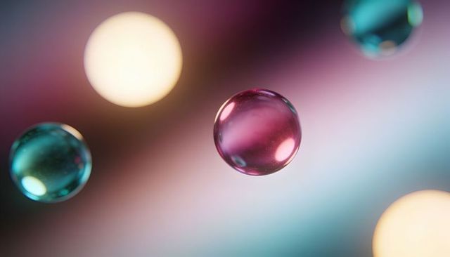 Glowing pastel glass orbs floating and reflecting light over soft bokeh gradient backdrop