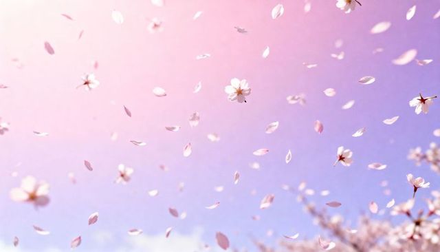 Drifting cherry blossom petals against pastel pink and lavender sky, spring sakura breeze