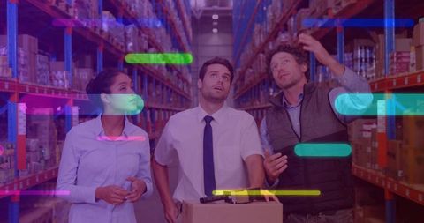 Warehouse team inspecting inventory with tablet and augmented reality overlays