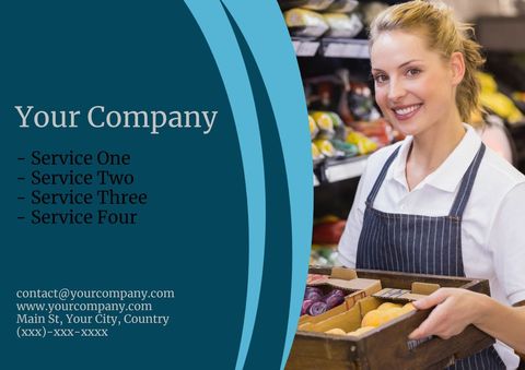 Smiling Grocery Store Employee Promoting Business Services - Download Free Stock Templates Pikwizard.com