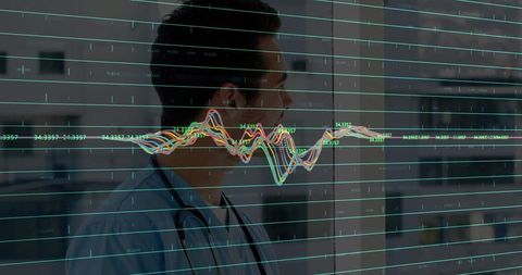 Doctor analyzing data visualization overlay on glass window