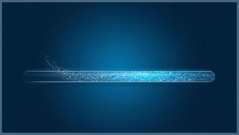 Glowing rounded glass progress bar showing lit blue fill and sparkling particle trail for ui