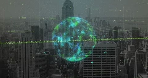 Futuristic globe displaying data over urban skyline in cyberpunk style
