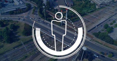 Digital technology scanning icon over urban cityscape