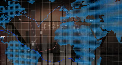 Global Business Data Over World Map with Cityscape Background
