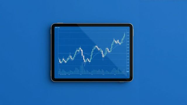 Tablet displaying financial chart on bright blue background