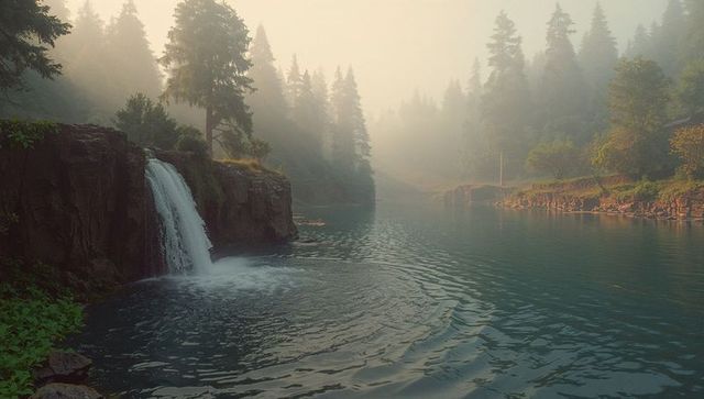 Misty Waterfall in Tranquil Mountain Wilderness at Dawn