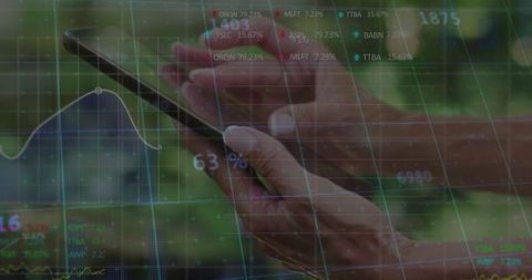 Hands engaging with mobile device managing stock market data