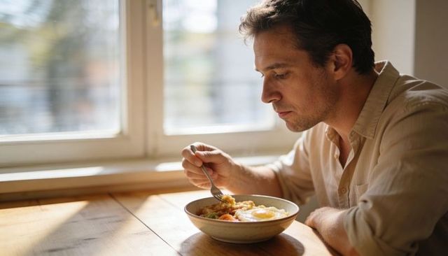 Sunlit morning man eating breakfast bowl with fried egg at wooden table, quiet moment