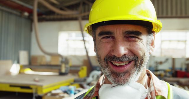 Smiling Construction Worker in Safety Gear at Workplace - Download Free Stock Images Pikwizard.com