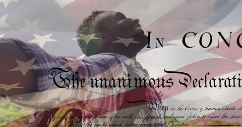 Joyful Man with USA Flag and Declaration of Independence Overlay