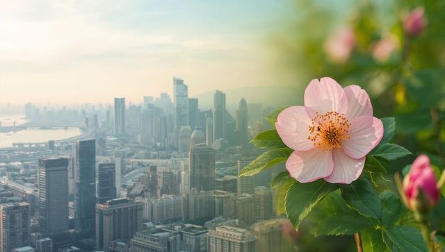 Pink blossom blooming over coastal harbor skyline, urban nature contrast, double exposure