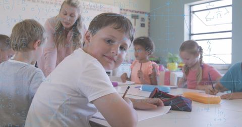 Children Learning Math in Classroom with Superimposed Formulas